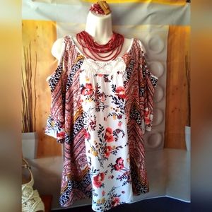 New Directions open shoulder Boho top, Sz.L, (macrame Espadrilles extra charge)
